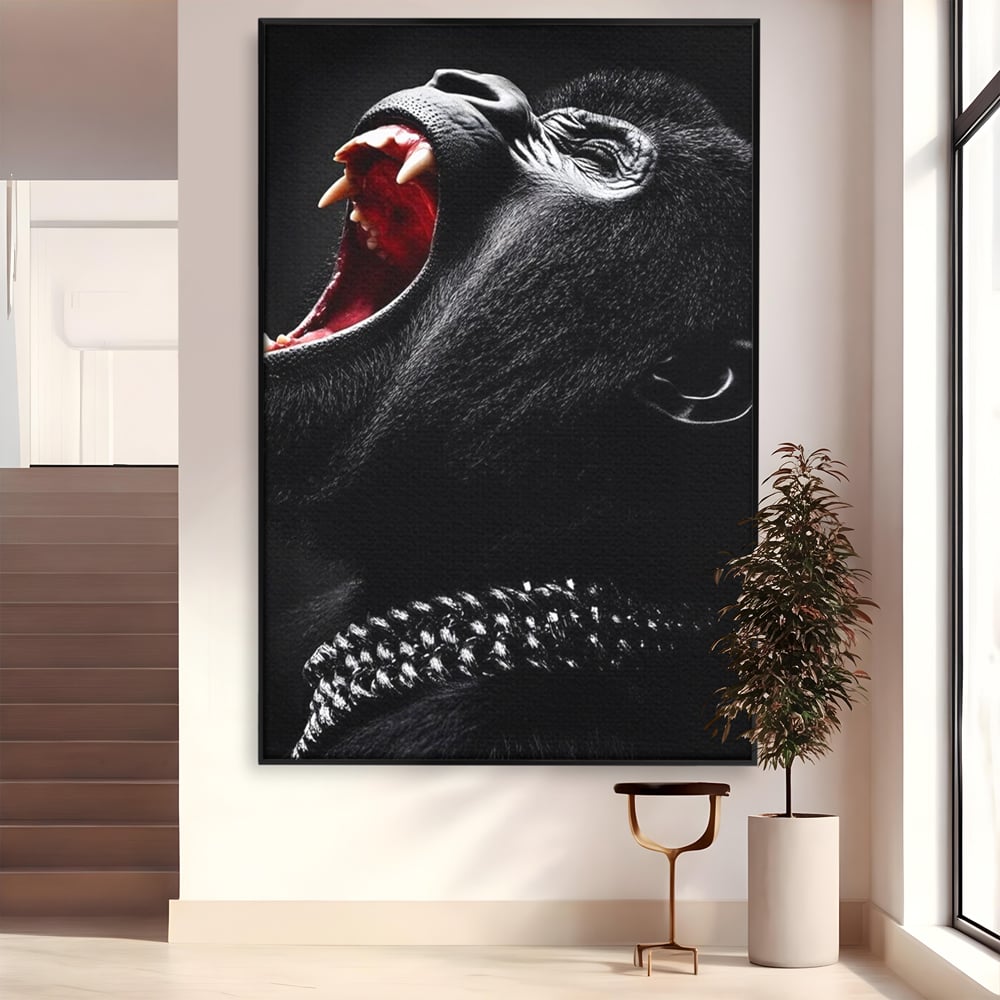 Tablou canvas cu tablou canvas cu gorila furioasa, in rama de aluminiu negru